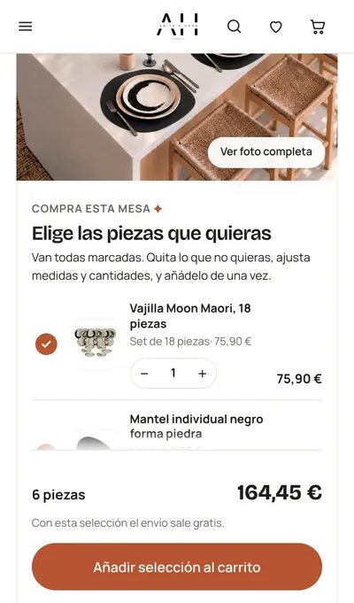 Anita's Home table set page on mobile where you pick the pieces you want