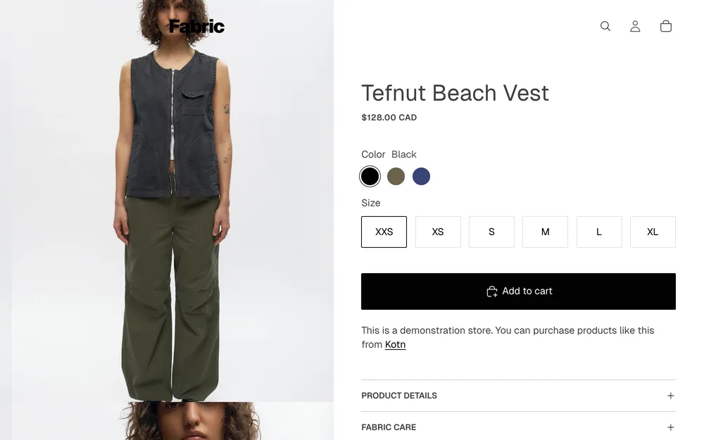 Fabric's own demo product page: photos, title, price, colour, size and add to cart