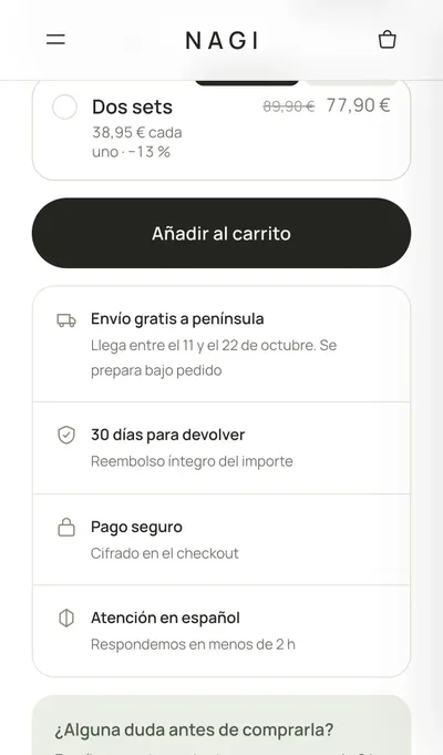 NAGI product page on mobile with add to cart and delivery, returns and payment details