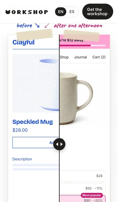 This page on mobile: the draggable before and after of a product page